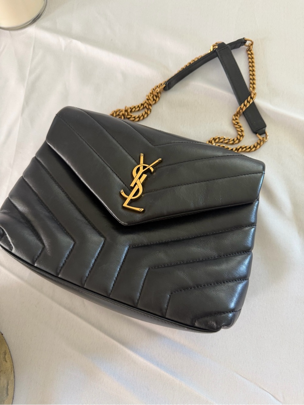 Black Quilted Leather Shoulder Bag with Gold Chain and Logo